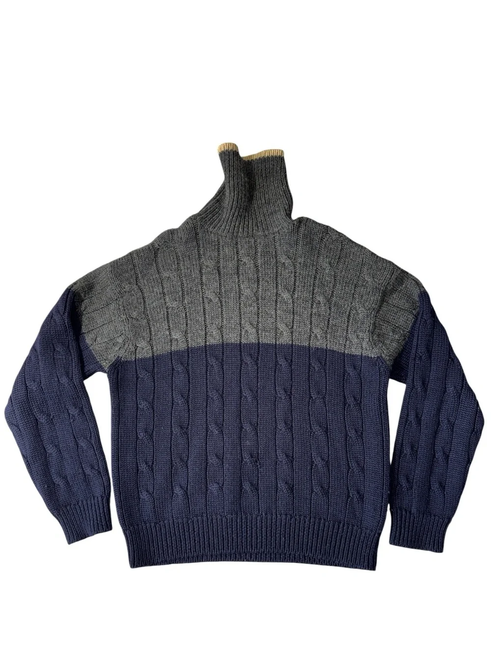 VINTAGE J. Crew L blue grey colorblock 100% wool turtleneck cable knit sweater